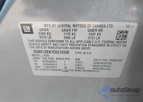 2012 Chevrolet Equinox 1Lt z USA, uszkodzony, nr VIN 2GNFLEEK7C6218206